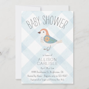 Invitación 001 Cielo Azul Floral Pájaro Cuadros Cumpleaños Ba