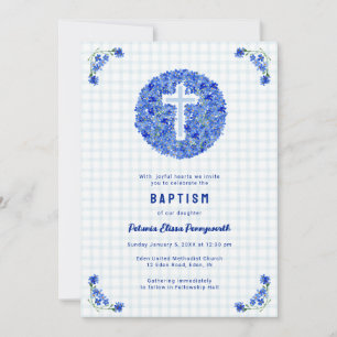 Invitación 001 Country de cuadros azul cielo floral cruz baut