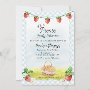 Invitación 001 Cumpleaños de bebé picnic de fresa azul cielo