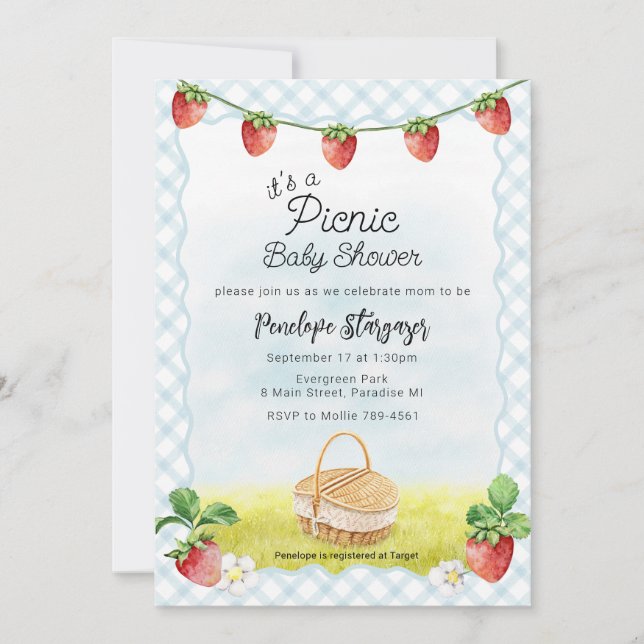 Invitación 001 Cumpleaños de bebé picnic de fresa azul cielo (Anverso)