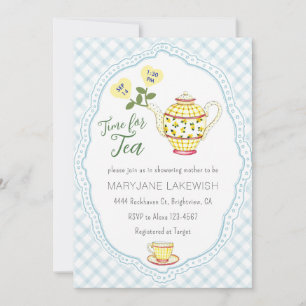 Invitación 001 Fiesta de té infantil de gingham azul cielo ad