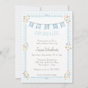 Invitación 001 Gemelos de Floral de Gingham Azul Celeste Cump