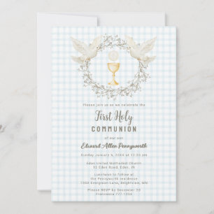 Invitación 001 Paloma azul cielo y Gingham cáliz Primera Comu