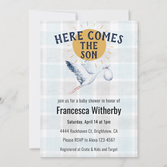 Invitación 001 Sky 020 Fog Sun Plaid Stork Baby Shower (Anverso)