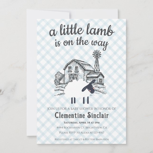 Invitación 001 Sky Blue A Little Lamb Gingham Baby Shower (Anverso)