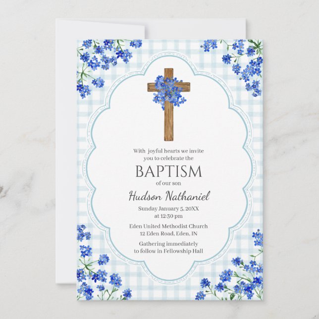 Invitación 001 Sky Blue Blossom Rustic Cross Design Baptism (Anverso)