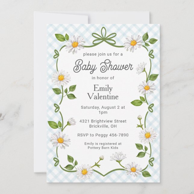 Invitación 001 Sky Blue Daisy Plaid Baby Shower (Anverso)