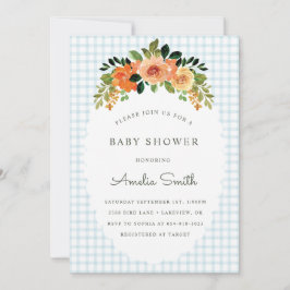 Invitación 001 Sky Blue Floral Gingham Baby Shower Invitation