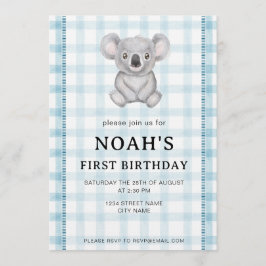 Invitación 001 Sky Blue Plaid Koala 1st Birthday Invitation