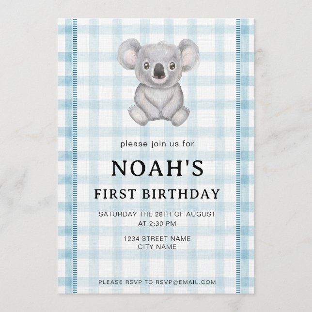 Invitación 001 Sky Blue Plaid Koala 1st Birthday Invitation (Anverso)