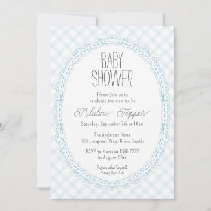 Invitación 001 Sky Vintage Lace Frame Gingham Baby Shower