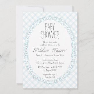 Invitación 001 Sky Vintage Lace Frame Gingham Baby Shower