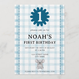 Invitación 001 Sky Watercolor Check Koala Birthday Invitation