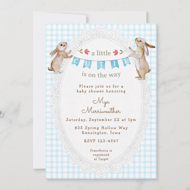 Invitación 002 Azul Cerúleo Conejo Dulce Cuadros de Bebé Fies (Anverso)