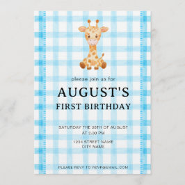 Invitación 002 Cerulean Blue Check Giraffe Birthday Invite