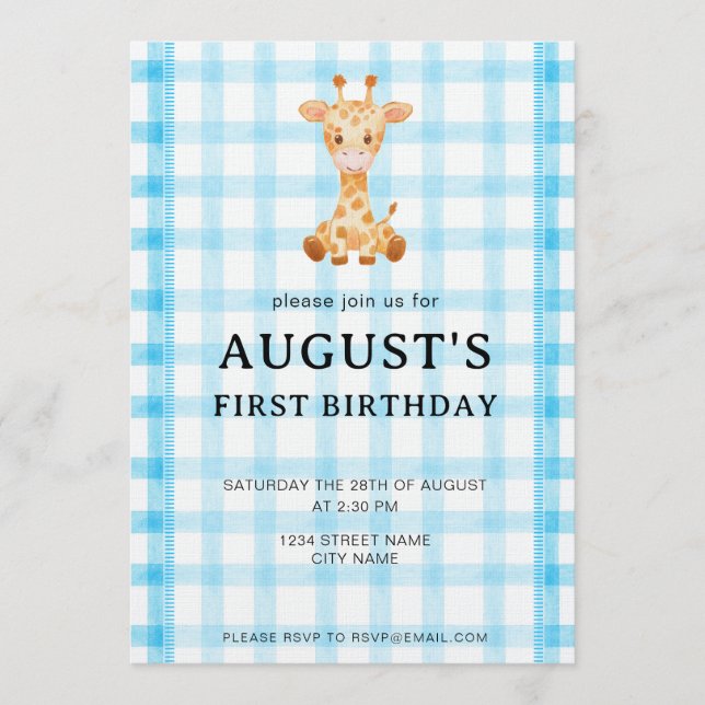 Invitación 002 Cerulean Blue Check Giraffe Birthday Invite (Anverso)