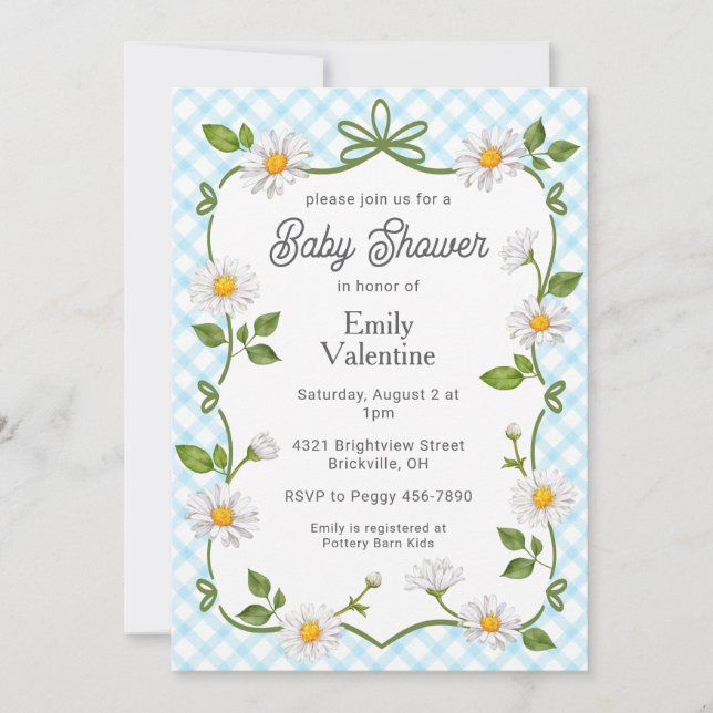 Invitación 002 Cerulean Blue Floral Daisy Plaid Baby Shower (Anverso)