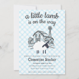 Invitación 002 Cerulean Blue Little Lamb Gingham Baby Shower
