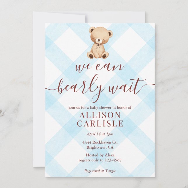 Invitación 002 Cerulean Blue Teddy Bear Gingham Baby Shower (Anverso)
