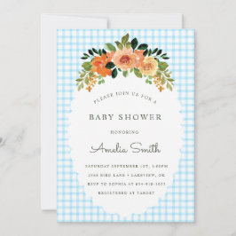 Invitación 002 Cerulean Floral Gingham Baby Shower Invitation