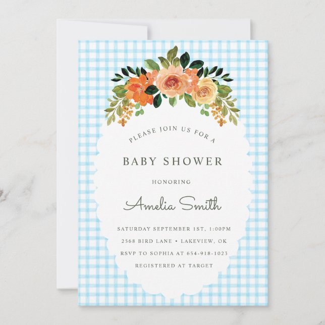 Invitación 002 Cerulean Floral Gingham Baby Shower Invitation (Anverso)