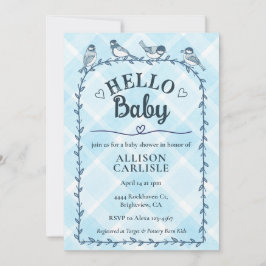Invitación 002 Cerulean Watercolor Gingham Birds Baby Shower