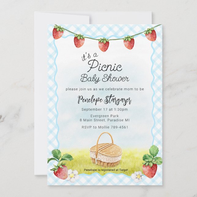 Invitación 002 Cumpleaños de bebé con picnic de fresas y azul (Anverso)