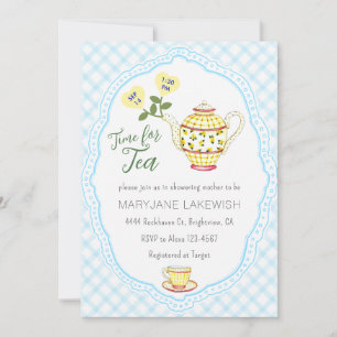 Invitación 002 Fiesta de té infantil con gingham lindo cerúle