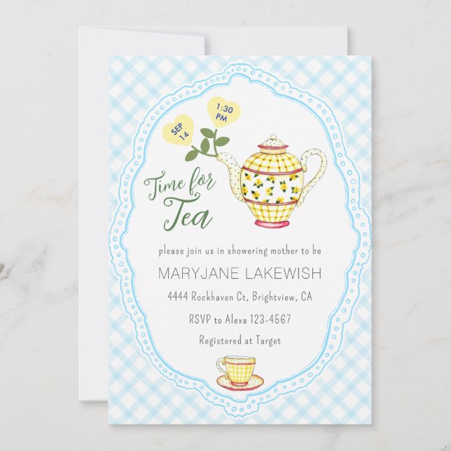 Invitación 002 Fiesta de té infantil con gingham lindo cerúle (Anverso)