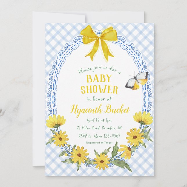 Invitación 003 Amarillo Cobalto Daisy Lazo de Gingham Celebra (Anverso)