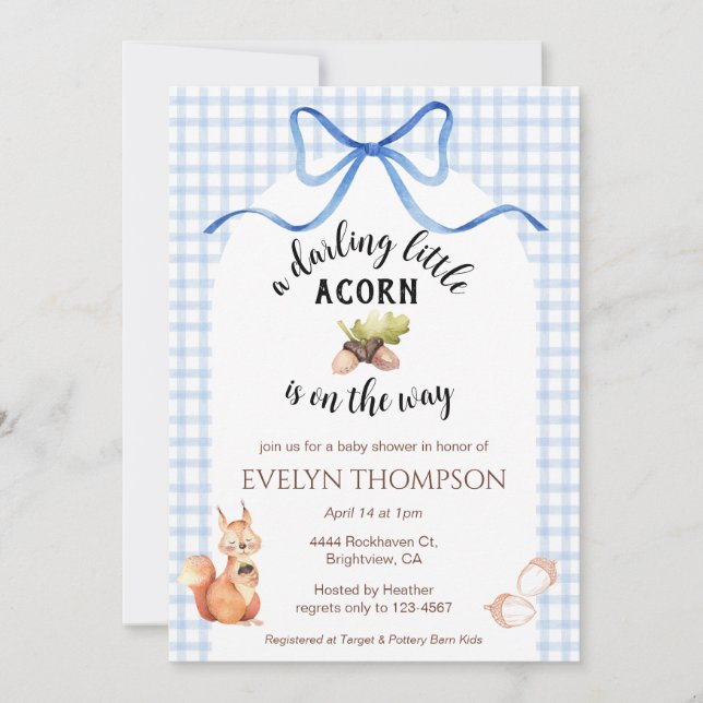 Invitación 003 Ardilla de Azul Cobalto y Gingham de Bellota S (Anverso)