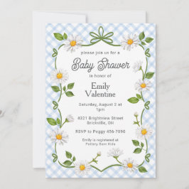 Invitación 003 Cobalt Blue Floral Daisy Plaid Baby Shower