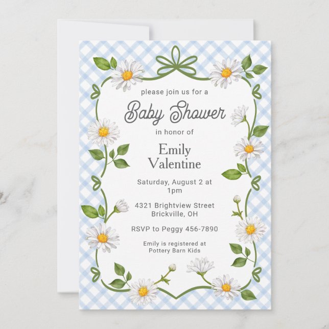 Invitación 003 Cobalt Blue Floral Daisy Plaid Baby Shower (Anverso)