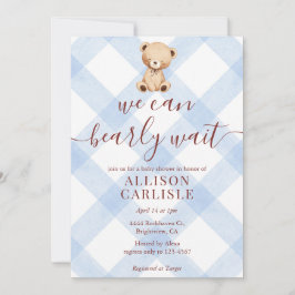 Invitación 003 Cobalt Blue Teddy Bear Gingham Baby Shower
