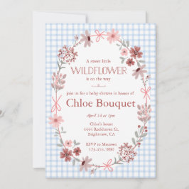 Invitación 003 Cobalt Blue Wildflower Bow Gingham Baby Shower
