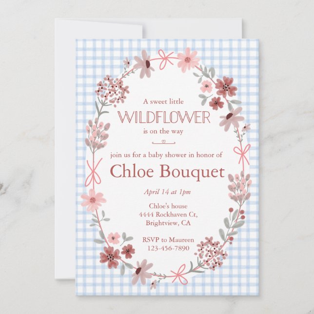 Invitación 003 Cobalt Blue Wildflower Bow Gingham Baby Shower (Anverso)
