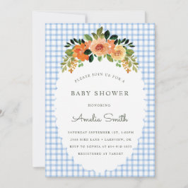 Invitación 003 Cobalt Floral Gingham Baby Shower Invitations