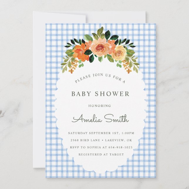 Invitación 003 Cobalt Floral Gingham Baby Shower Invitations (Anverso)