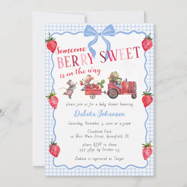 Invitación 003 Cobalt Gingham Fiesta Dulce de la Granja Baby  (Anverso)