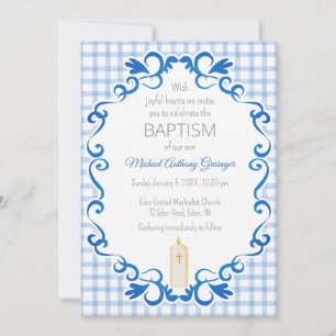 Invitación 003 Cobalt Scroll Gingham Cruz Vela Bautizo