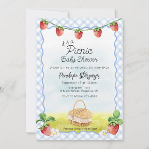Invitación 003 Cumpleaños de bebé picnic de fresa azul cobalt