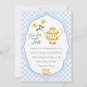 Invitación 003 Fiesta de té infantil con gingham azul cobalto