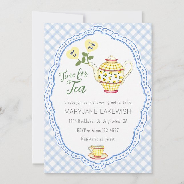 Invitación 003 Fiesta de té infantil con gingham azul cobalto (Anverso)