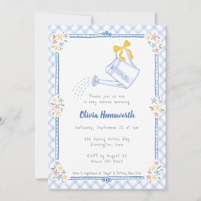 Invitación 003 Regadera de gingham azul cobalto para baby sho (Anverso)