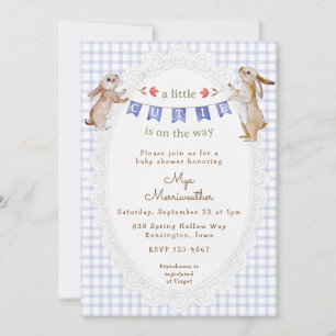 Invitación 004 Azul añil dulce conejito a cuadros Baby Shower