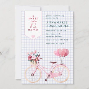 Invitación 004 Azul añil Dulce Floral Niña Bicicleta Baby Sho