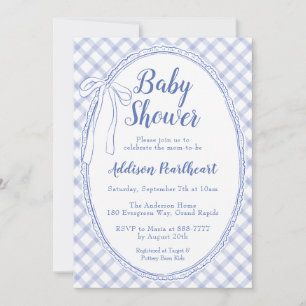 Invitación 004 Azul añil heredado encaje gingham baby shower