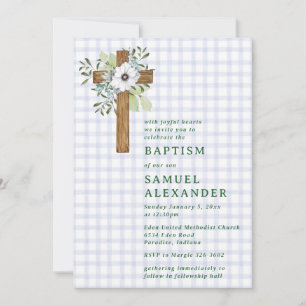 Invitación 004 Cruz de madera de Bautismo con herrumbre índig