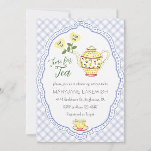 Invitación 004 Fiesta de té infantil con gingham azul añil ad