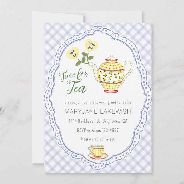 Invitación 004 Fiesta de té infantil con gingham azul añil ad (Anverso)